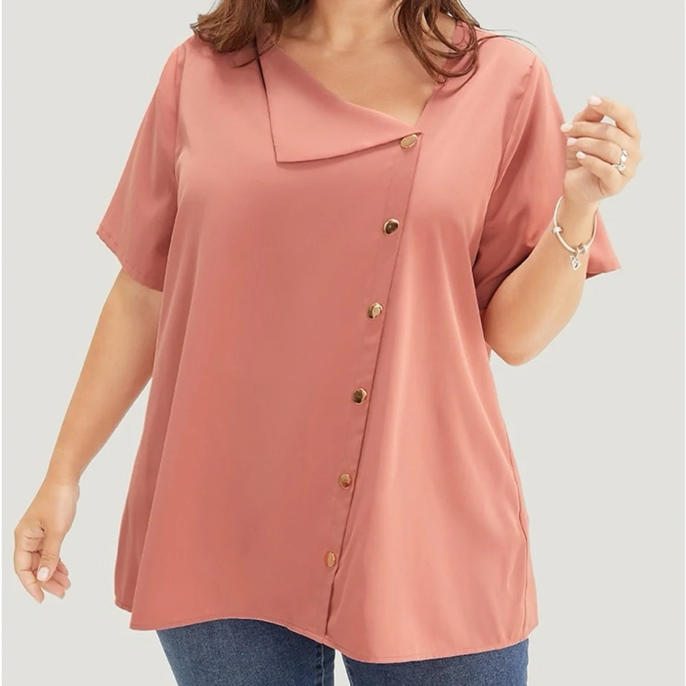 BloomChic Pink Asymmetrical Collar Button Detail Blouse Plus Size 3X - Picture 1 of 6